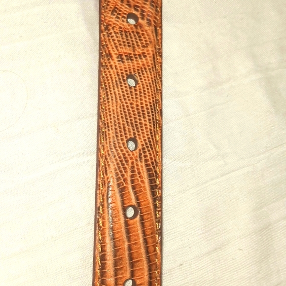 Tan Italian Lizard Embossed Leather Belt with Silver Buckle Sz 52 - Picture 3 of 7